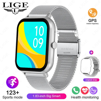 LIGE Sleep Monitoring Smart Watch 1.83” HD Screen Bluetooth Call Pedometer IP67 Waterproof 100+ Sports Modes Smartwatch Men Lady