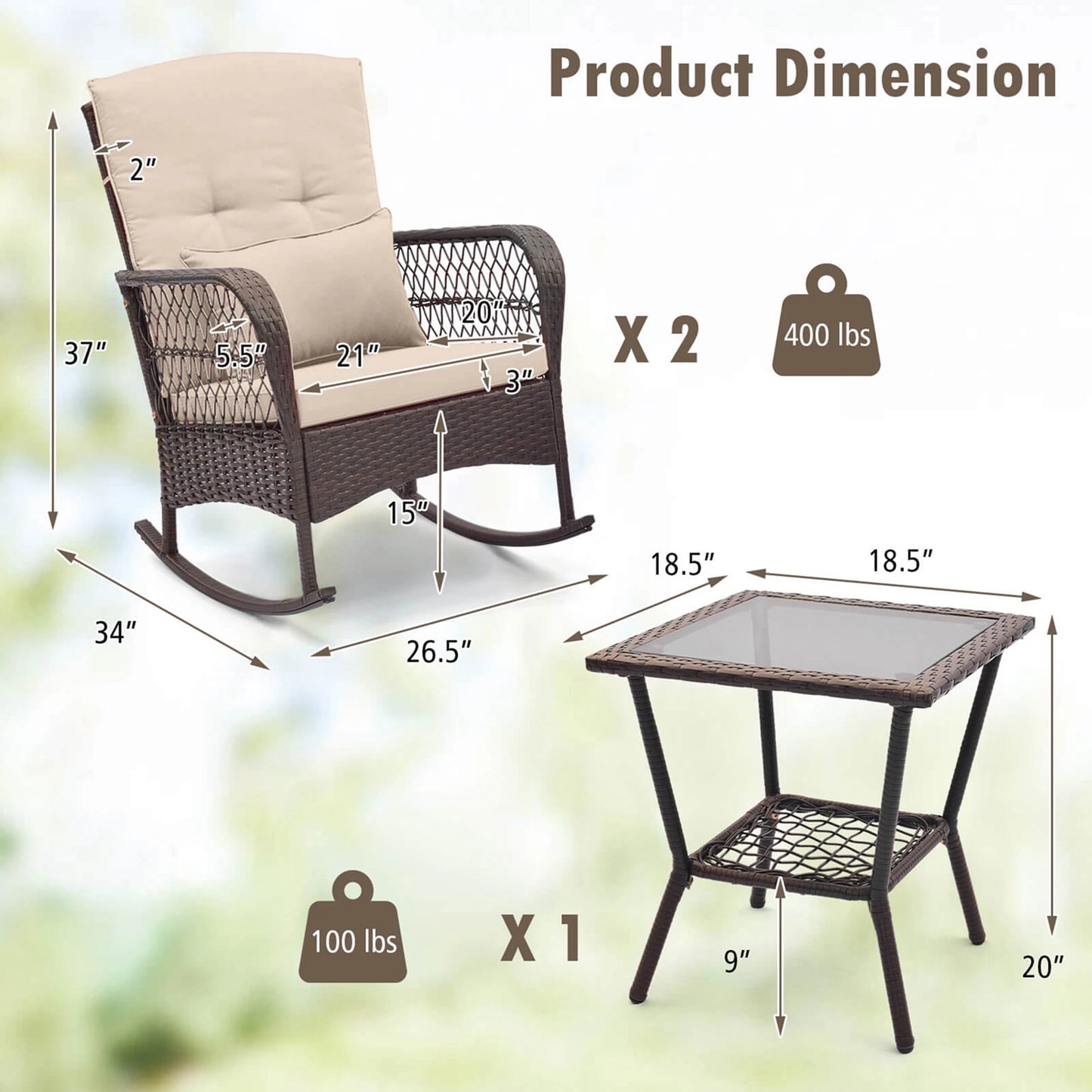 3 PCS Patio Rocker Set Outdoor Wicker Rocking Chairs with Double-Layer Coffee Table Beige