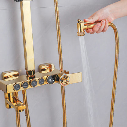 Gold Thermostatic Shower Faucet Set Rainfall Display Bathtub Tap With Bathroom Shelf Multiple Water Outlet Methods