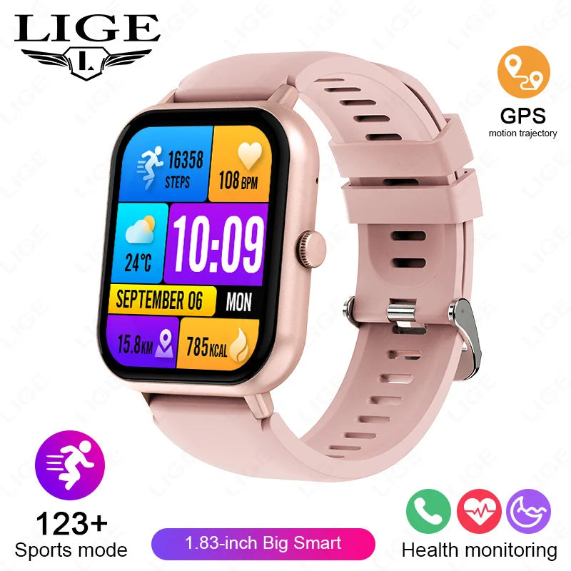 LIGE Sleep Monitoring Smart Watch 1.83” HD Screen Bluetooth Call Pedometer IP67 Waterproof 100+ Sports Modes Smartwatch Men Lady