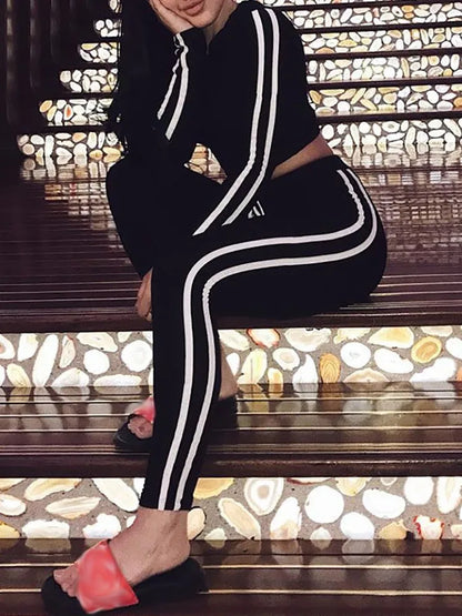 Tracksuit Set Woman Fitness Casual 2 Piece Sets Side Striped Hooded Crop Tops and Pants Jogger Stretchy Two Piece Outfit Chandal