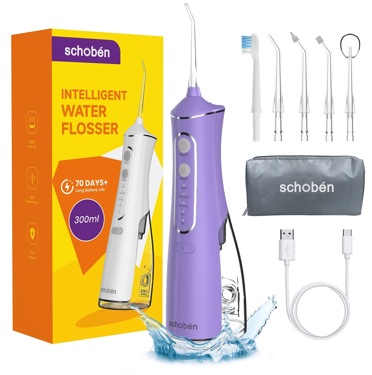 Schoben Portable Oral Irrigator USB Rechargeable Water Flosser Dental Water Jet 330ML Water Tank IPX7 Waterproof Teeth Cleaner