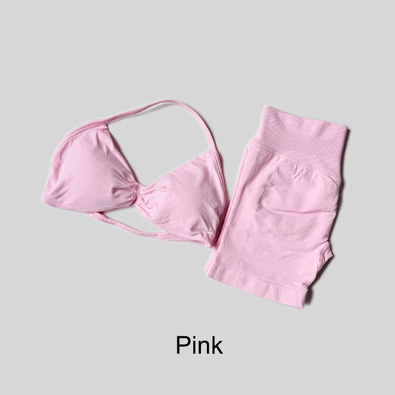 Yoga Set Fitness Gym Women Solid High Waist Peach Short Legging Halter Neck Sport Bra Athletic Gym Suit