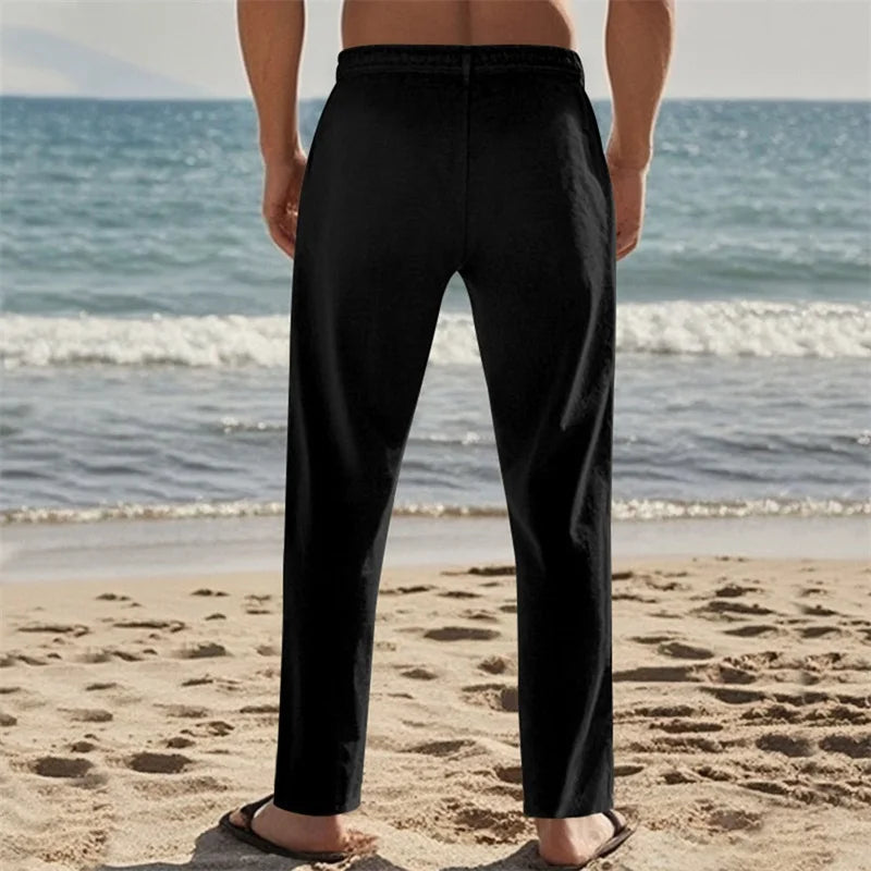 Men s Lightweight Drawstring Linen Pants with Pockets Comfortable Straight Leg Casual Trousers for Summer Beach Wear