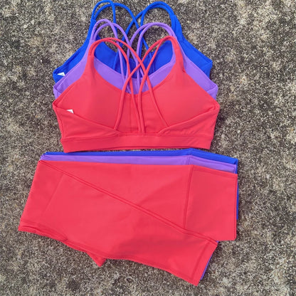 Solid Color Gym Fitness Set Tight Soft cross back Fitness Bra +compression High Waist Yoga Leggings Suit Comprehensive Training