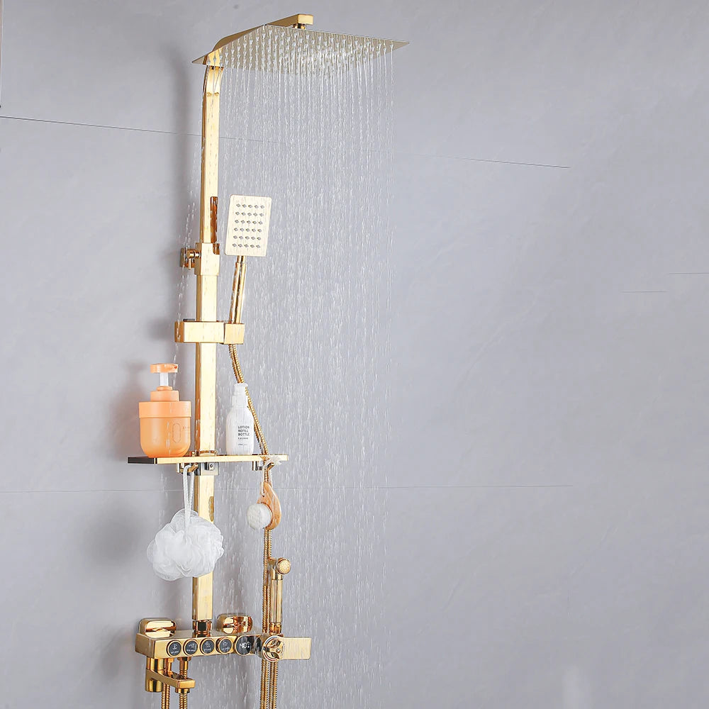 Gold Thermostatic Shower Faucet Set Rainfall Display Bathtub Tap With Bathroom Shelf Multiple Water Outlet Methods