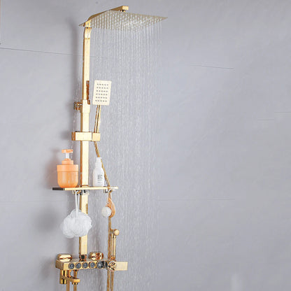 Gold Thermostatic Shower Faucet Set Rainfall Display Bathtub Tap With Bathroom Shelf Multiple Water Outlet Methods