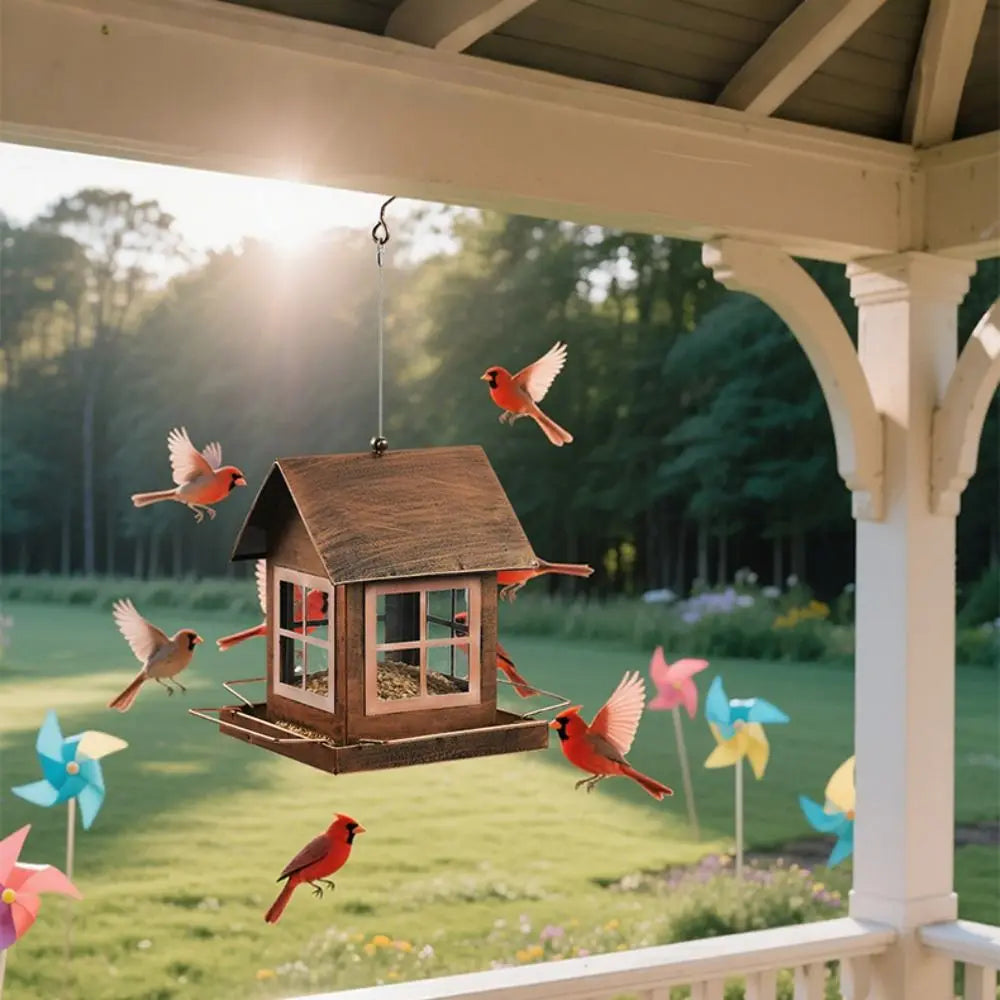 Country Style Hanging Bird Feeder House Shape Large Capacity Bird Food Bowl Windproof Metal Parrot Feeding Station Porch