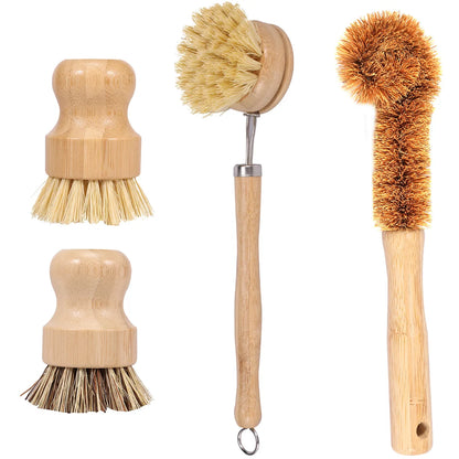 4/5Pcs Bamboo Dish Brush Set Pot Cleaning Brush Long Handle Kitchen Dishes Scrubber Strong Decontamination Rust Removal Utensils
