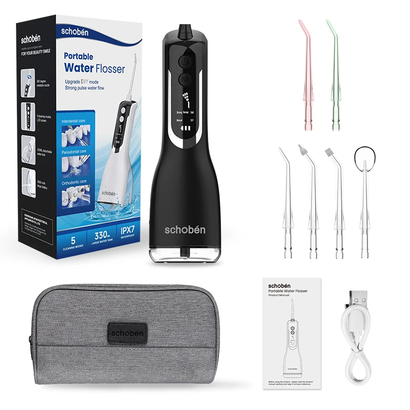 Schoben Portable Oral Irrigator USB Rechargeable Water Flosser Dental Water Jet 330ML Water Tank IPX7 Waterproof Teeth Cleaner