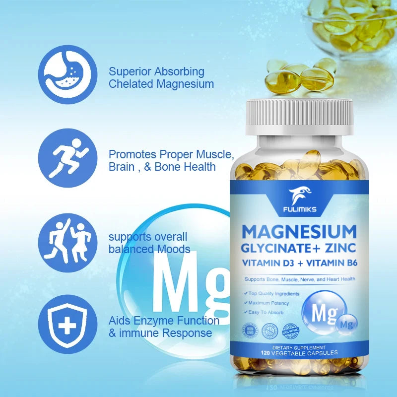 Magnesium Glycinate + Zinc Supplement Capsules, High Absorption, Support Sleep Health, Bone Joint, Brain, Strengthen Immune