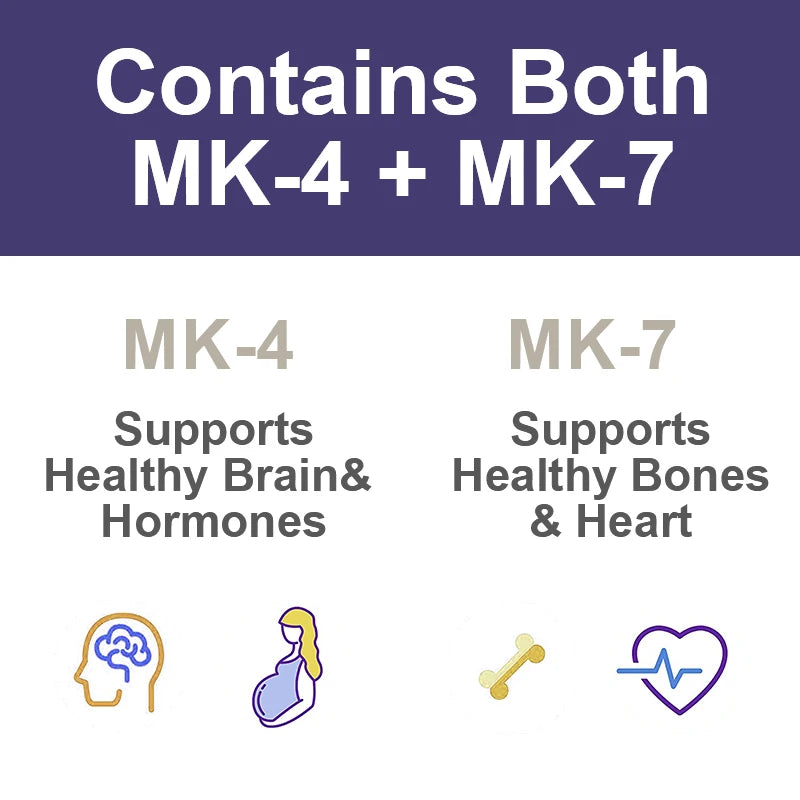 Advanced Vitamin K2 MK-7 & MK-4 Complex Supplement, Support Strong Bones & Flexible Arteries, Skin Health, Men & Women, Non-Gmo
