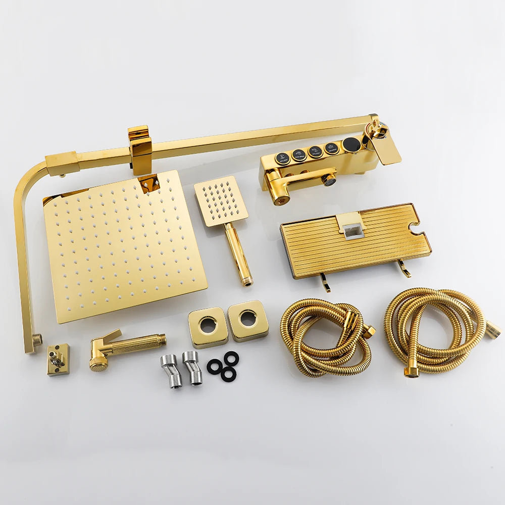 Gold Thermostatic Shower Faucet Set Rainfall Display Bathtub Tap With Bathroom Shelf Multiple Water Outlet Methods