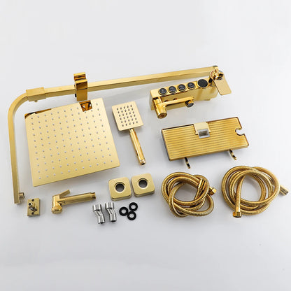 Gold Thermostatic Shower Faucet Set Rainfall Display Bathtub Tap With Bathroom Shelf Multiple Water Outlet Methods
