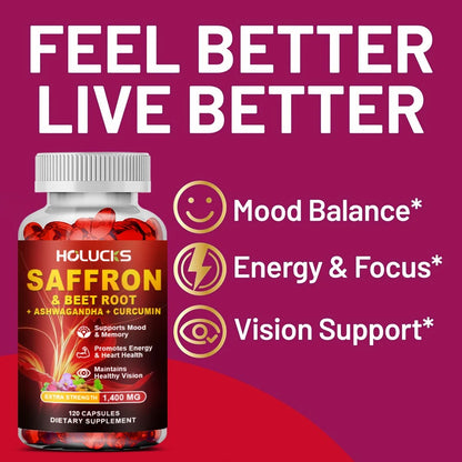 HOLUCKS Natural Saffron Supplement, Boost Energy, Immune, Improve Mood & Focus, Support Eye & Heart Health, for Women Men