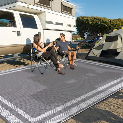 6' x 9' Outdoor Mat with Ground Pegs - Durable PP Material, Gray and White Grid Pattern, Perfect for Patio, Camping and Outdoor