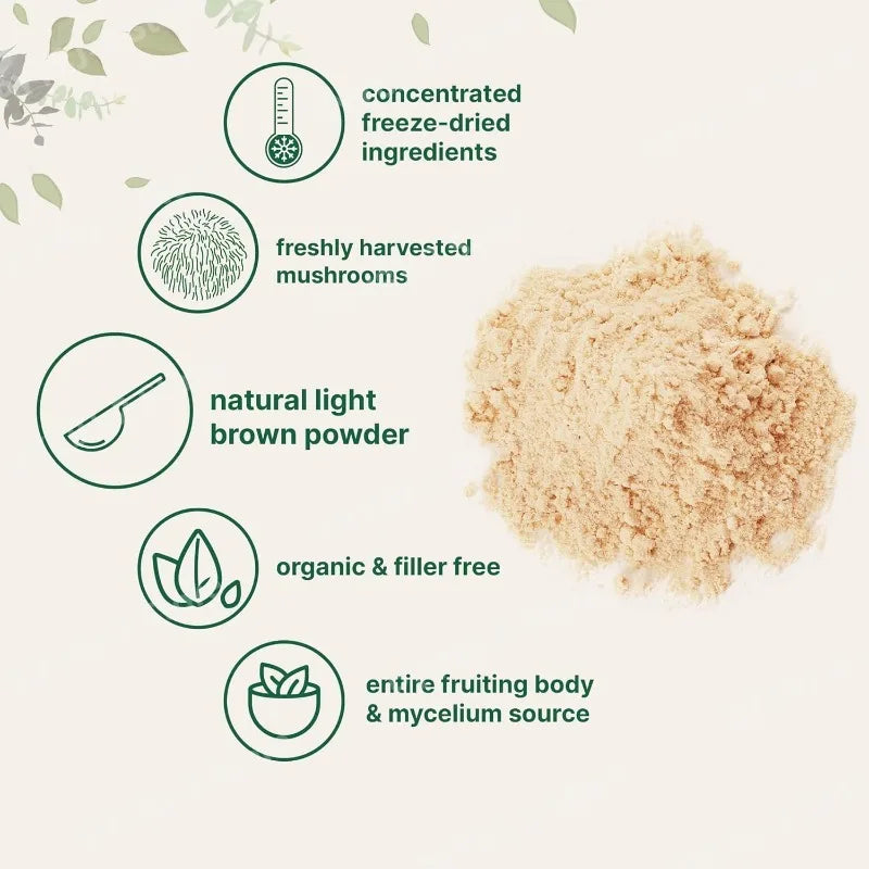 Organic Lion’s Mane Mushroom Powder Supports Brain Focus Energy and Immune Health Great for Smoothies & Coffee 454g Per Bag
