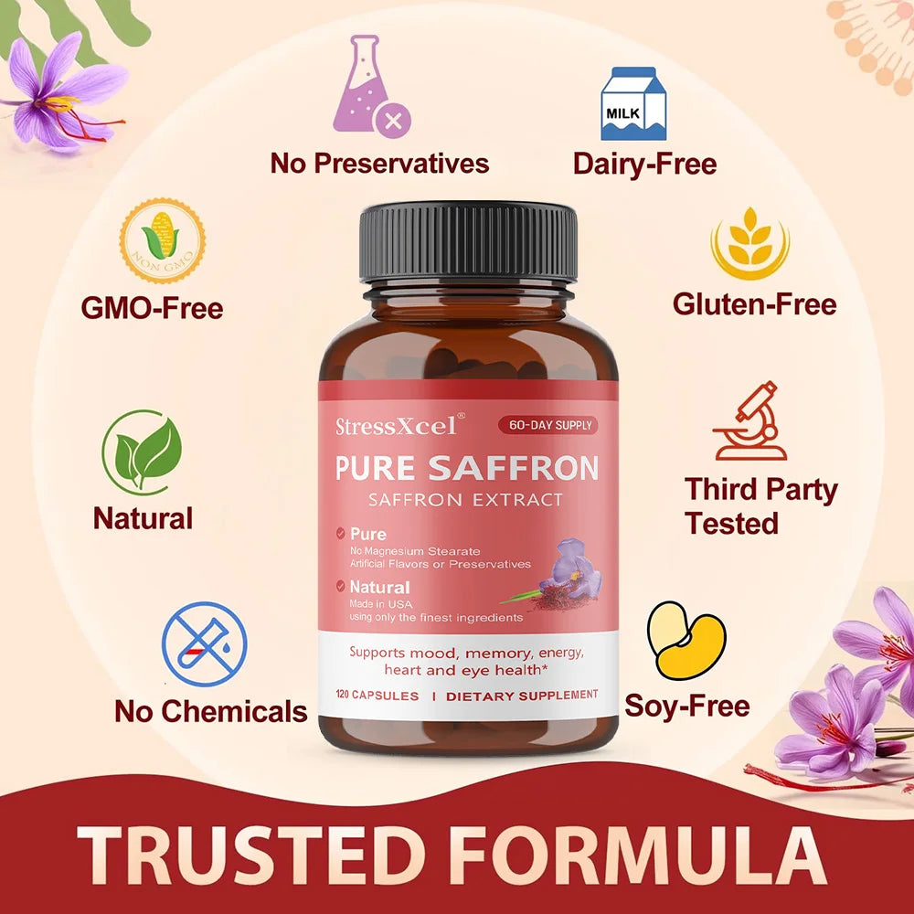 Saffron Supplements - Pure Saffron Extract Capsules - Boost Energy & Mood, Support Eye & Heart Health,Natural,GMO-Free