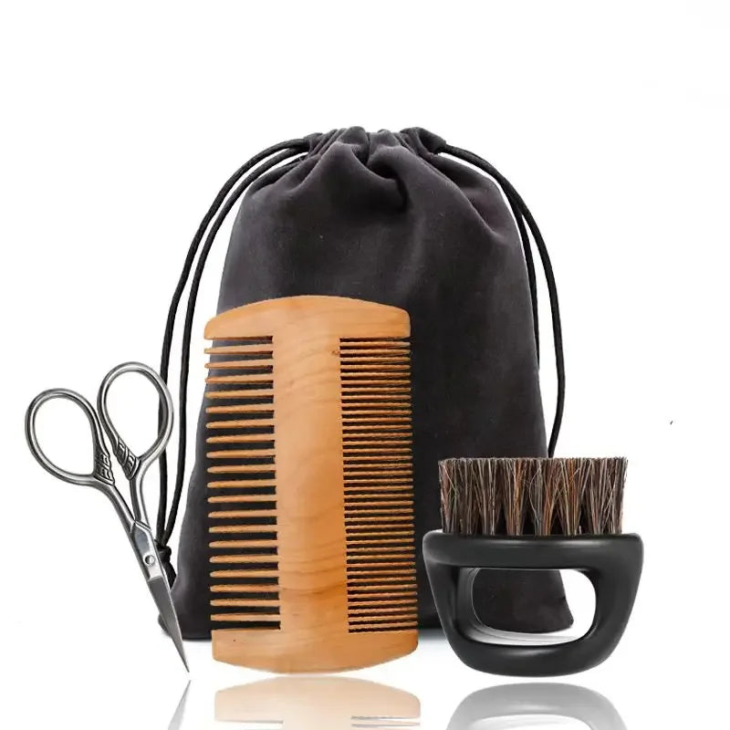 Boar Bristle Wood Beard Brush Kits With Gift Bag Professional Soft Hairdresser Shaving Brush Comb Set Men Mustache Combs