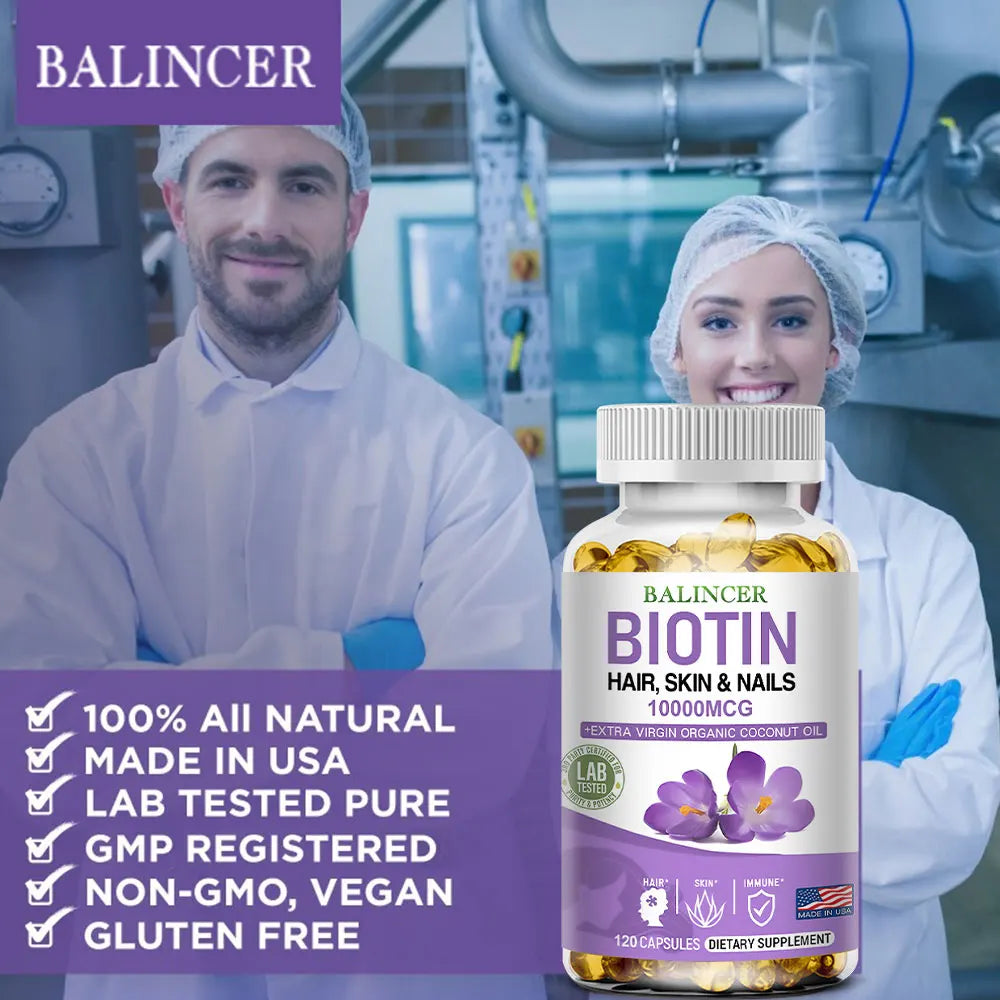 Balincer Biotin Supplement with Organic Coconut Oil - Supports Keratin for Healthier Hair & Skin, 10,000mcg, 30/60/120 Softgels