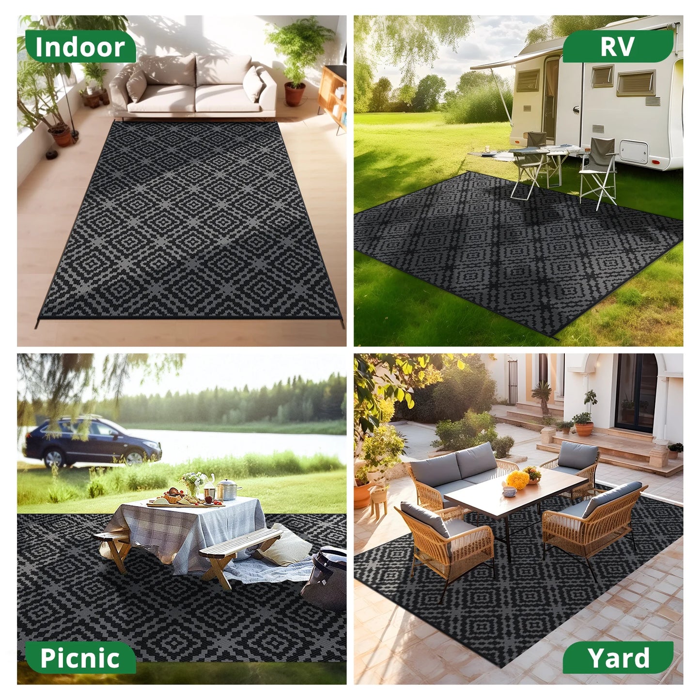 Outdoor Rug Waterproof 6x9FT Reversible Stain & UV Resistant