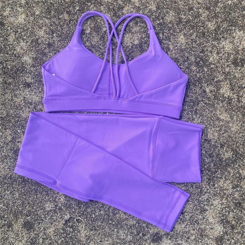 Solid Color Gym Fitness Set Tight Soft cross back Fitness Bra +compression High Waist Yoga Leggings Suit Comprehensive Training