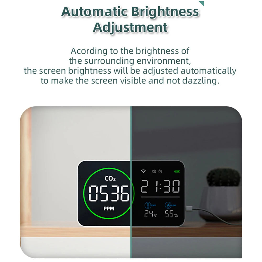 Smart WIFI 4 in 1 Air Quality Monitor Indoor IR CO2 Sensor Carbon Dioxide Detector Alarm Clock Temperature Humidity Tester