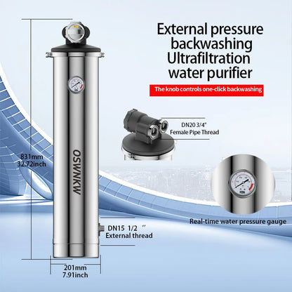 Whole house water filter, sediment filter, ultrafiltration water filter, no disassembly required, backwash with one button.