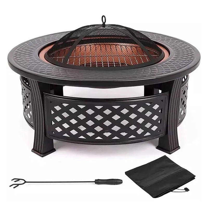 32-inch Fir Pit Bowl With BBQ Grill Camping Firepit Set Wood Burning Fireplace Outdoor Garden Heating Pit