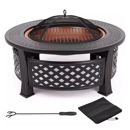 32-inch Fir Pit Bowl With BBQ Grill Camping Firepit Set Wood Burning Fireplace Outdoor Garden Heating Pit