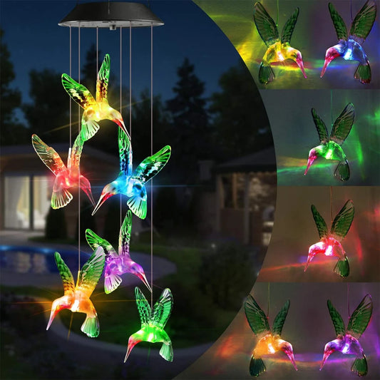 Hummingbird Wind Chimes Outdoor, Solar Powered Lights with Color Changing, Waterproof LED Wind Chime for Yard Party Garden Decor