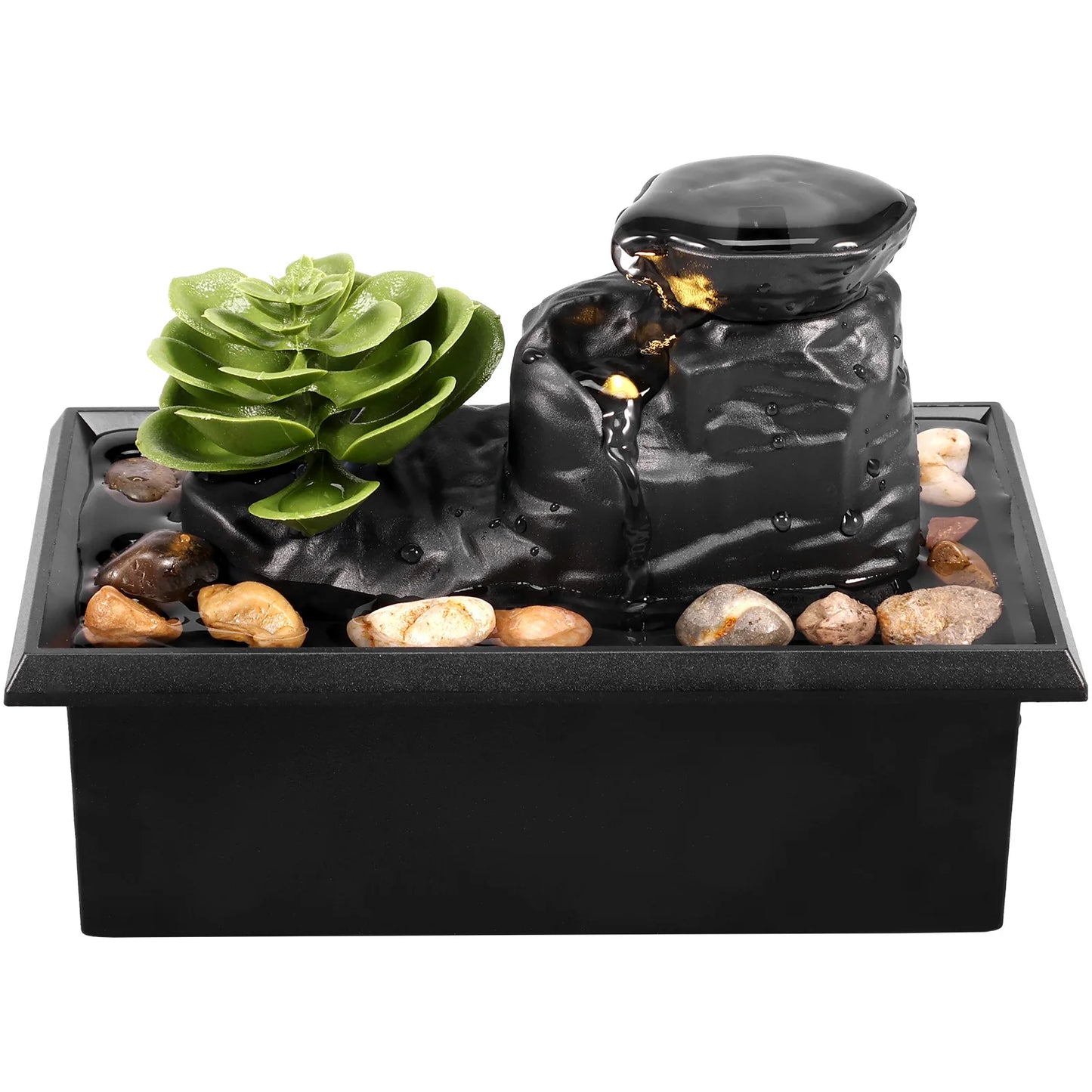 Tabletop Fountain with Light Battery/USB Operated Mini Desktop Waterfall Decoration Creative Flowing Water Fountain Ornaments