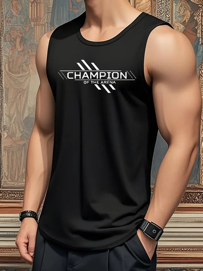 Men's Sleeveless Muscle Shirt -100% Cotton Breathable Fitness Tank Top with CHAMPION Printed Round Neck and Umbrella Bottom