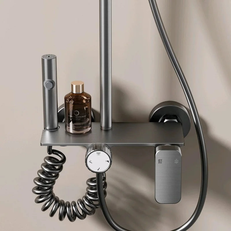 Multifunction Bathroom Shower System Set Hot and Cold Water Household Rotary Knob Pressurize Aluminum Gunmetal Gray Shower Set