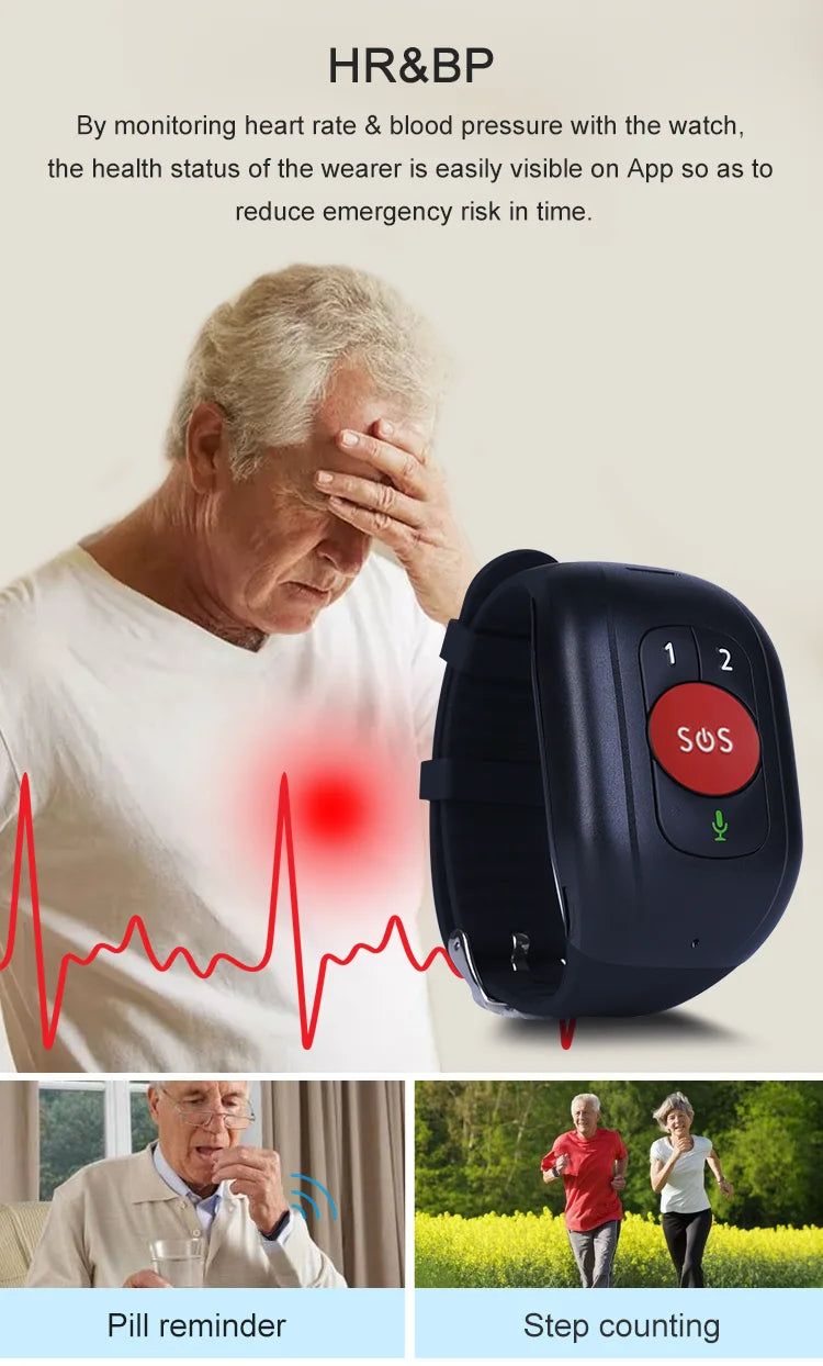 Elderly 4G SOS GPS Watch GPS Tracking Wristband Bracelet Emergency Alarm GPS Tracking Heart Rate Blood Pressure Monitor