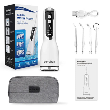 Schoben Portable Oral Irrigator USB Rechargeable Water Flosser Dental Water Jet 330ML Water Tank IPX7 Waterproof Teeth Cleaner