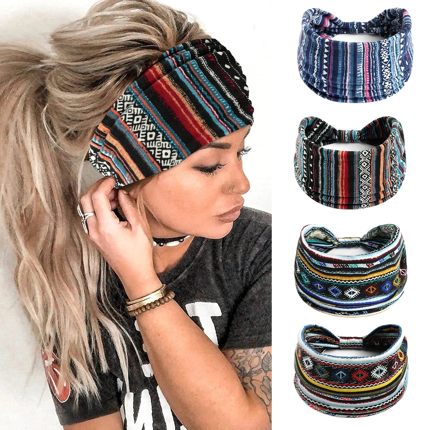 Boho Headbands Wide Knot Hair Scarf Floral Print Hairband Stretch Turban Headwrap Cotton Head Band Fashion Accessories for Women