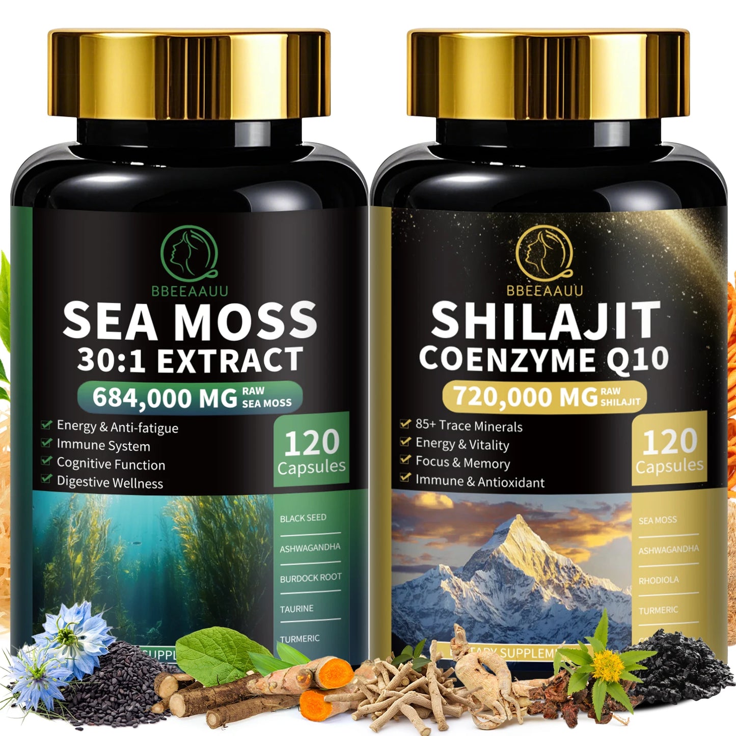 BBEEAAUU Seamoss and Shilajit Multi in 1 Supplement with Black Seed,Ashwagandha,Burdock Energy, Antioxidants and Immune Support