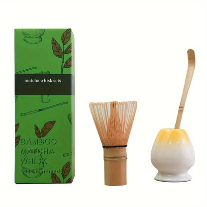 3pcs/set Matcha Set Bamboo Whisk Tea spoon Ceramic fittings Matcha Whisk (Chasen) Tea Spoon And Scoop (Chashaku) Tea-making Tool
