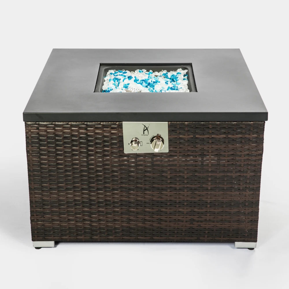 32 Inch Square Design Propane Fire Pit Table Outdoor Dark Brown Wicker with Decorative Glass Rocks for Patio Garden Deck Heating