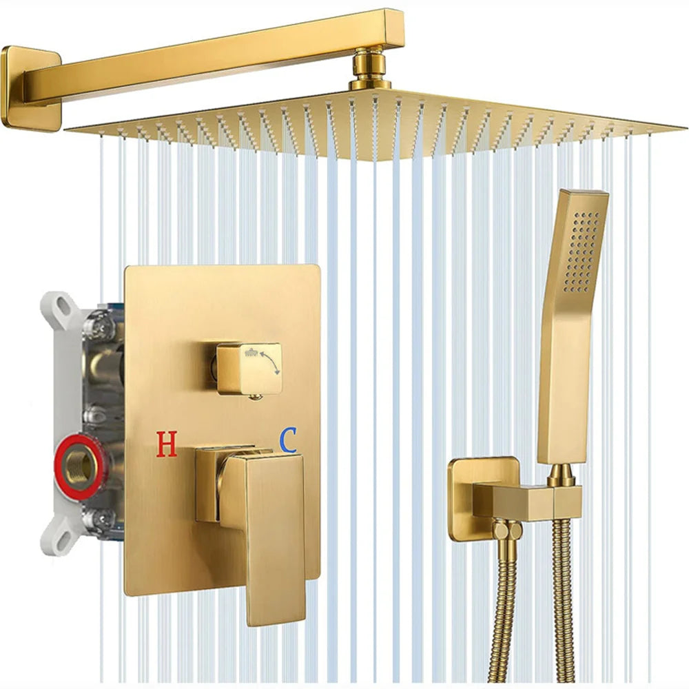 Chrome Shower Faucet Set Rainfall 12 Inch Concealed Shower System Wall Mounted Rainfall Bathroom Shower Tap With Handshower Set
