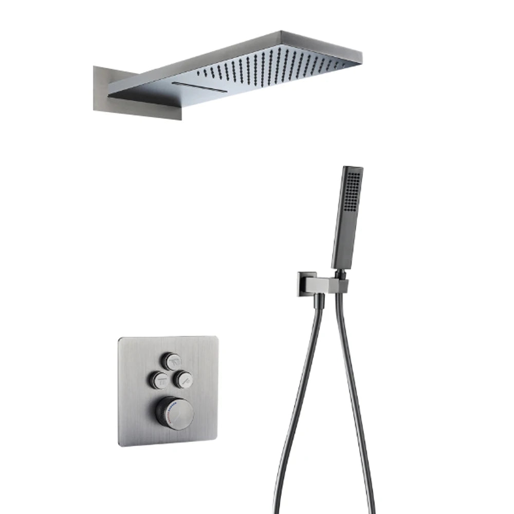 Gray Hidden Shower System Bathroom Full Copper Shower Faucet Set Waterfall Embedded Shower Tap Rainfall Concealed Mixer Crane