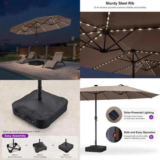 Solar LED Patio Umbrella with Crank, Double-Sided Rectangle Base for Outdoor and Pool Use