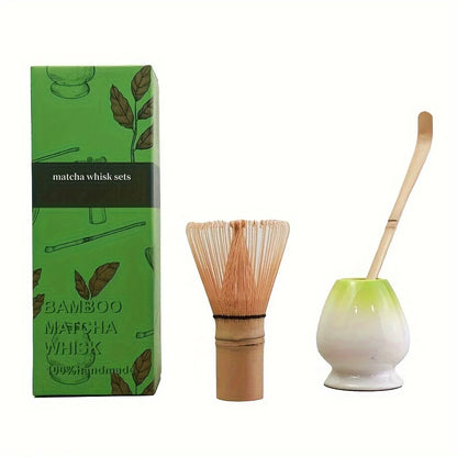 3pcs/set Matcha Set Bamboo Whisk Tea spoon Ceramic fittings Matcha Whisk (Chasen) Tea Spoon And Scoop (Chashaku) Tea-making Tool