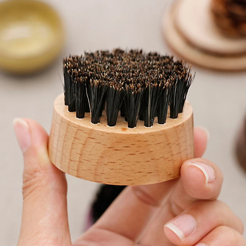 Boar Bristle Beard Brush – Portable Round Beechwood Brush for Men's Beard Care, Hair Styling & Grooming