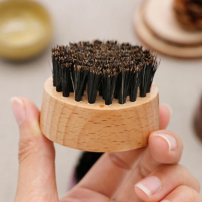 Boar Bristle Beard Brush – Portable Round Beechwood Brush for Men's Beard Care, Hair Styling & Grooming