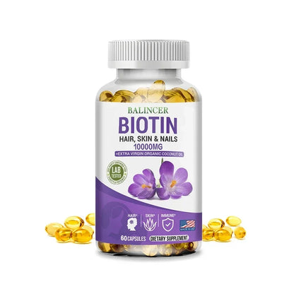 Balincer Biotin Supplement with Organic Coconut Oil - Supports Keratin for Healthier Hair & Skin, 10,000mcg, 30/60/120 Softgels