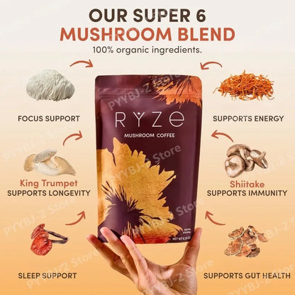 Organic Mushroom Coffee Powder Contain 6 Types Adaptogenic Mushrooms Extract MCT Oil Brewing Use Smooth Daily Beverage Support