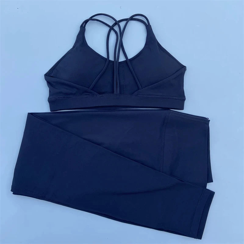 Solid Color Gym Fitness Set Tight Soft cross back Fitness Bra +compression High Waist Yoga Leggings Suit Comprehensive Training