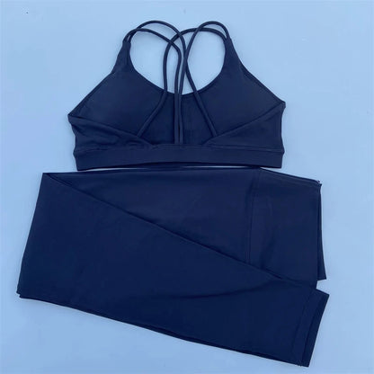 Solid Color Gym Fitness Set Tight Soft cross back Fitness Bra +compression High Waist Yoga Leggings Suit Comprehensive Training